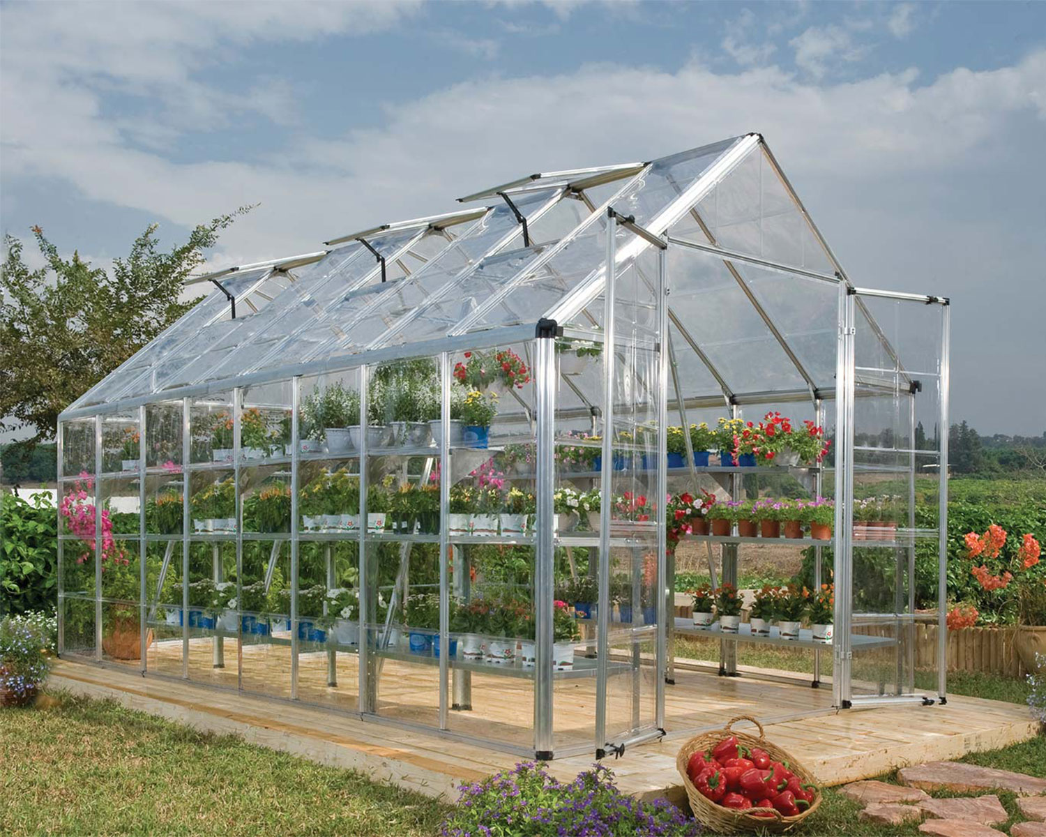 Greenhouse Snap &amp; Grow 8&#039; x 16&#039; Silver Structure &amp; Clear Panels open door