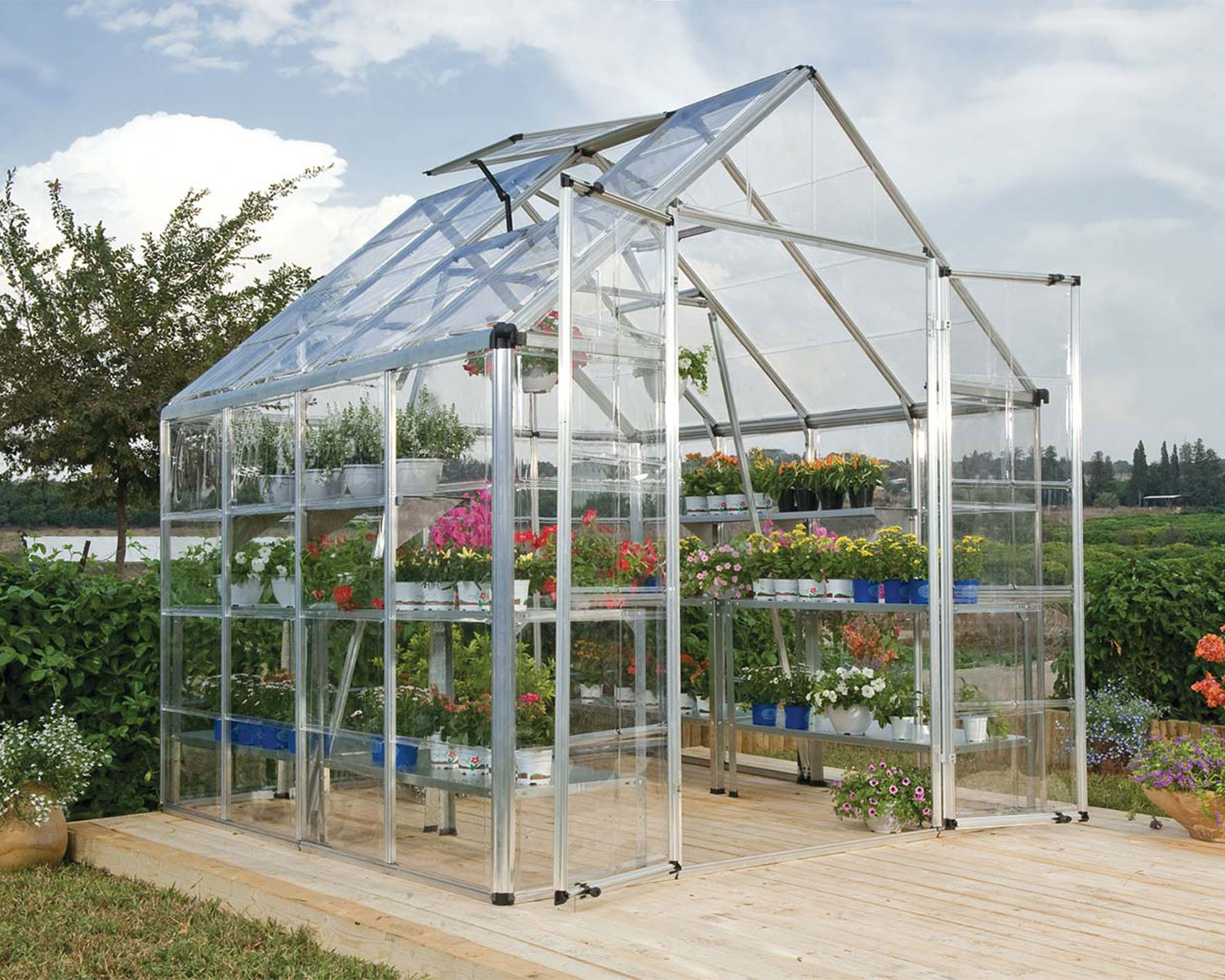 Snap &amp; Grow 8 ft. x 8 ft. Greenhouse Silver Structure &amp; Clear Panels open door