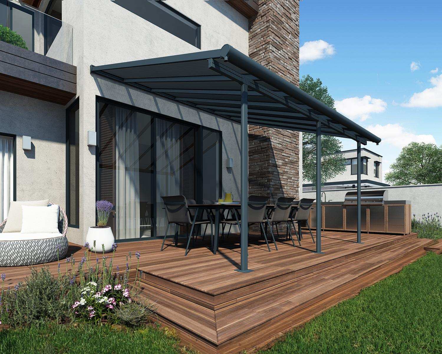 Sierra 10 ft. x 14 ft. Patio Cover With 3 Posts grey Aluminium Patio Cover With grey twin-wall polycarbonate roof panels on Deck