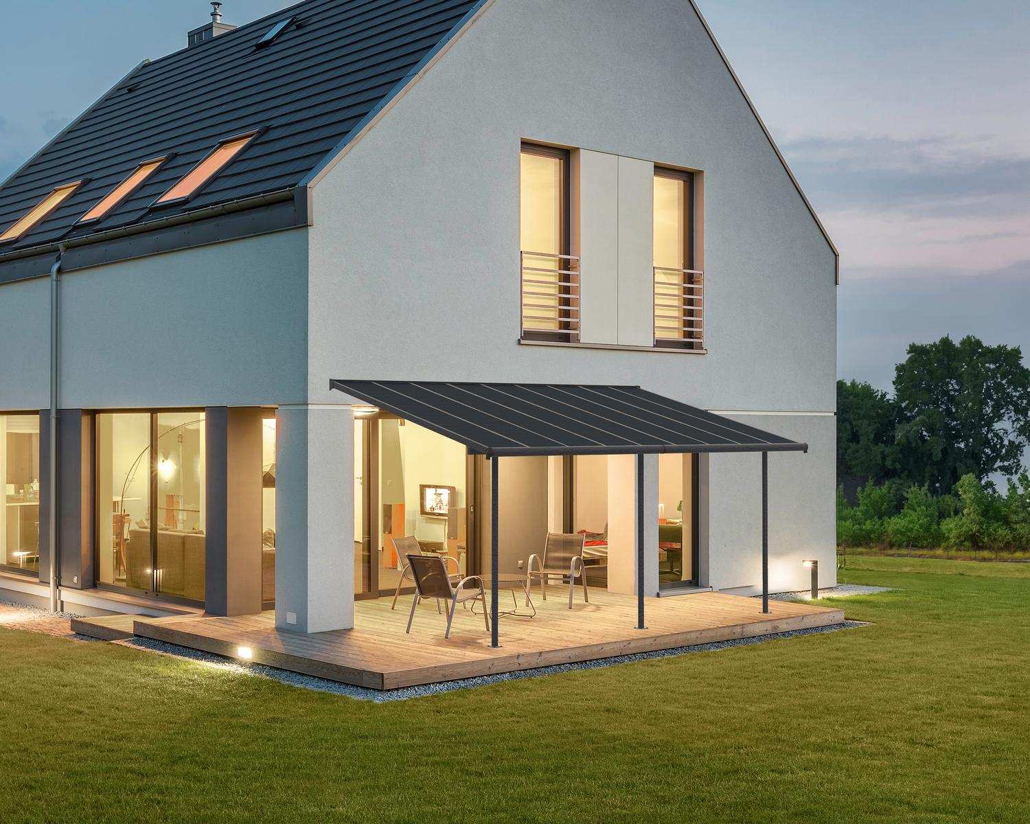 Capri 10 ft. x 18 ft. Grey Aluminium Patio Cover with 3 Posts Attached to House that Covers Patio Outdoor Furniture.