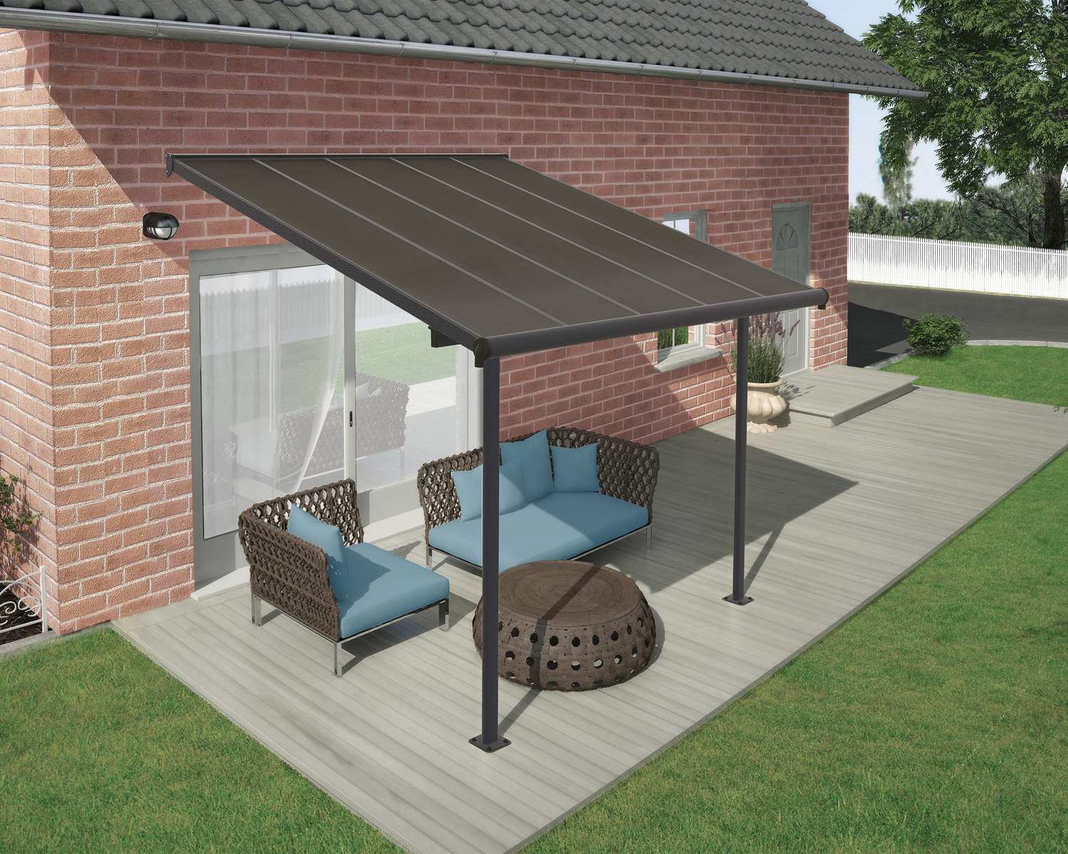 Capri 10 ft. x 10 ft. Grey Aluminium Patio Cover with 2 Posts Attached to House that Covers Patio Outdoor Furniture.