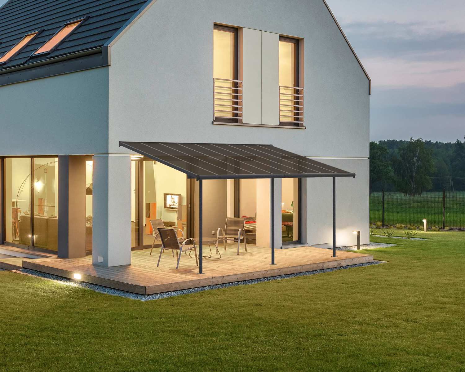 Capri 10 ft. x 18 ft. Grey Aluminium Patio Cover with 3 Posts Attached to House that Covers Patio Outdoor Furniture.