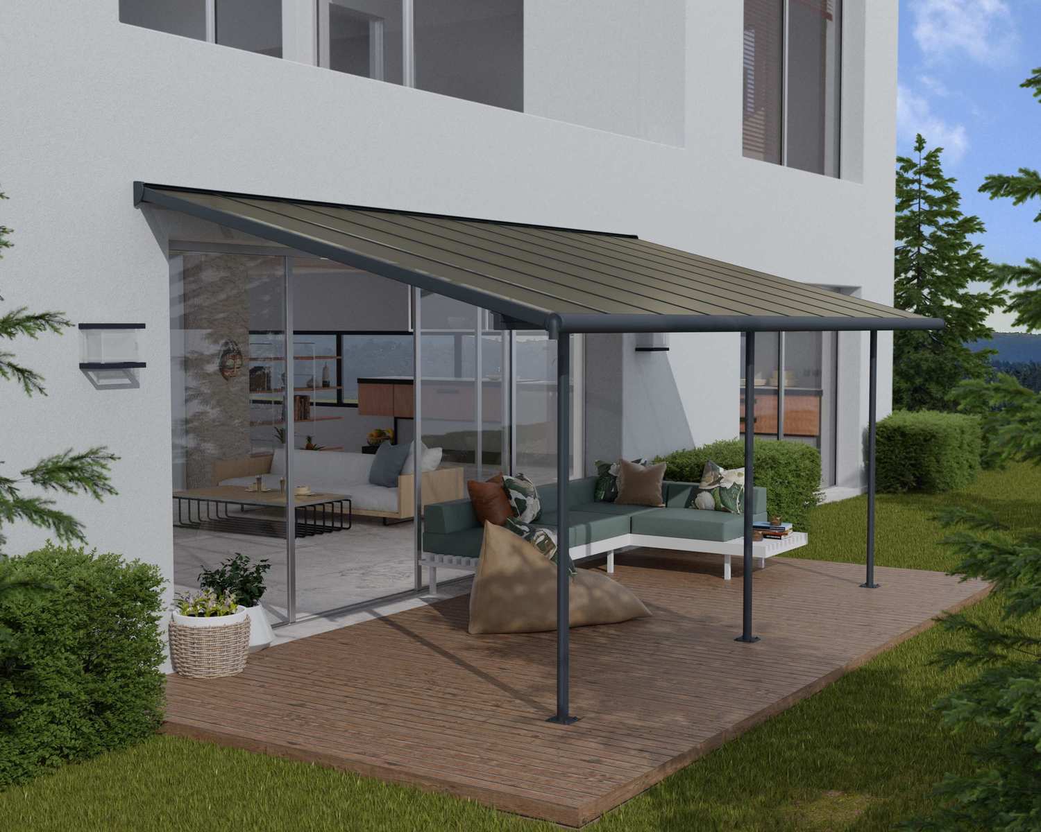 Capri 10 ft. x 20 ft. Grey Aluminium Patio Cover with 3 Posts Attached to House that Covers Patio Outdoor Furniture.