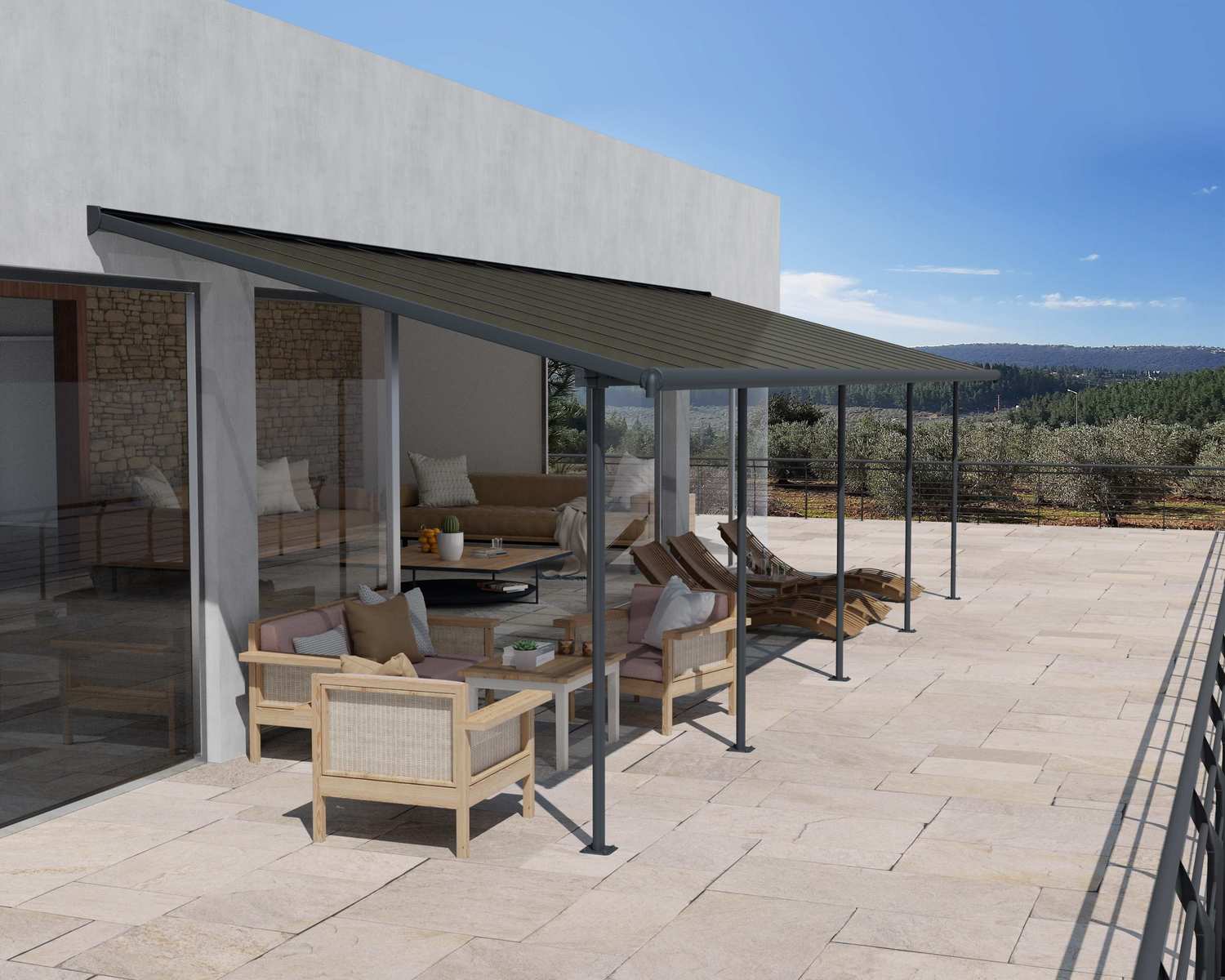 Capri 10 ft. x 28 ft. Grey Aluminium Patio Cover with 5 Posts Attached to House That Covers Patio Outdoor Furniture.