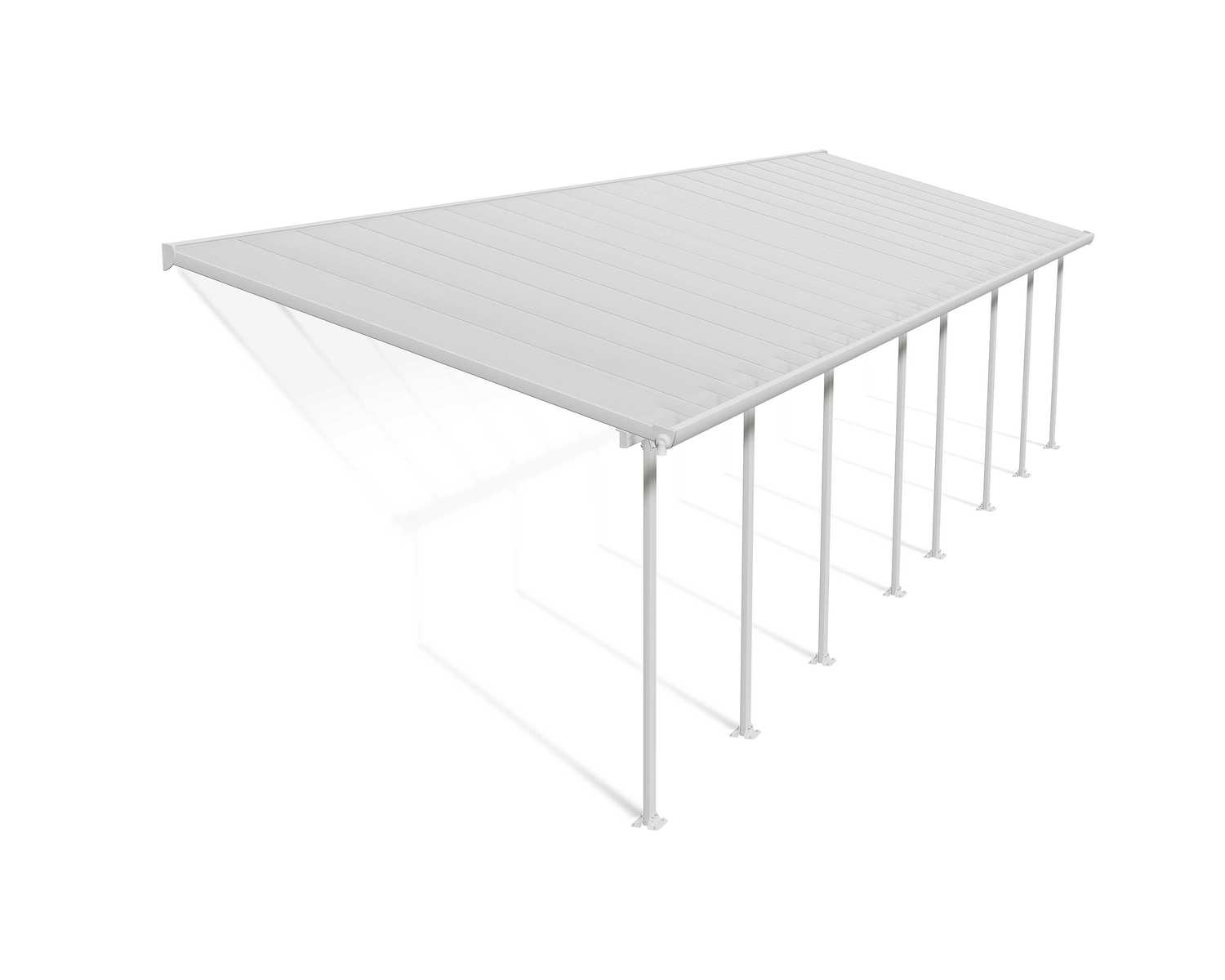 Feria 10 ft. x 34 ft. White Aluminium Patio Cover With 8 Posts, Clear Twin-Wall Polycarbonate Roof Panels.