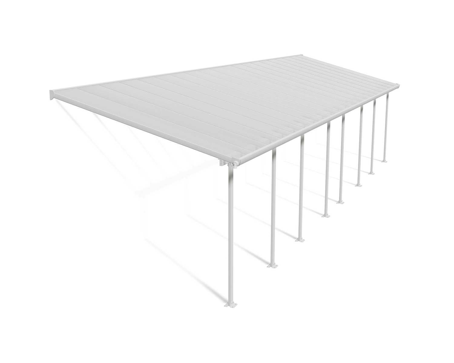 Feria 10 ft. x 36 ft. White Aluminium Patio Cover With 8 Posts, Clear Twin-Wall Polycarbonate Roof Panels.