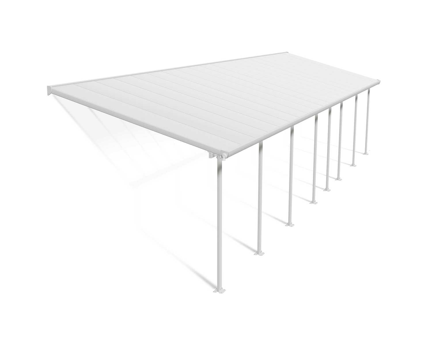 Feria 10 ft. x 40 ft. White Aluminium Patio Cover With 8 Posts, White Twin-Wall Polycarbonate Roof Panels.