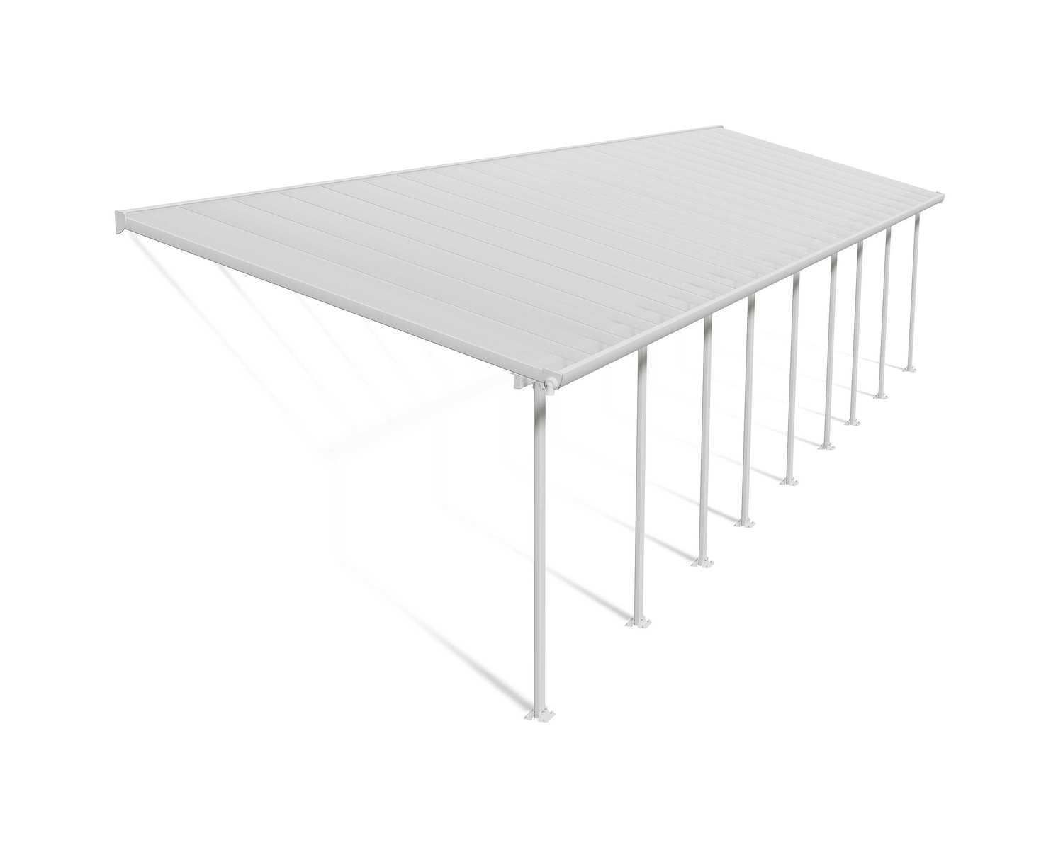 Feria 10 ft. x 42 ft. White Aluminium Patio Cover With 9 Posts, Clear Twin-Wall Polycarbonate Roof Panels.