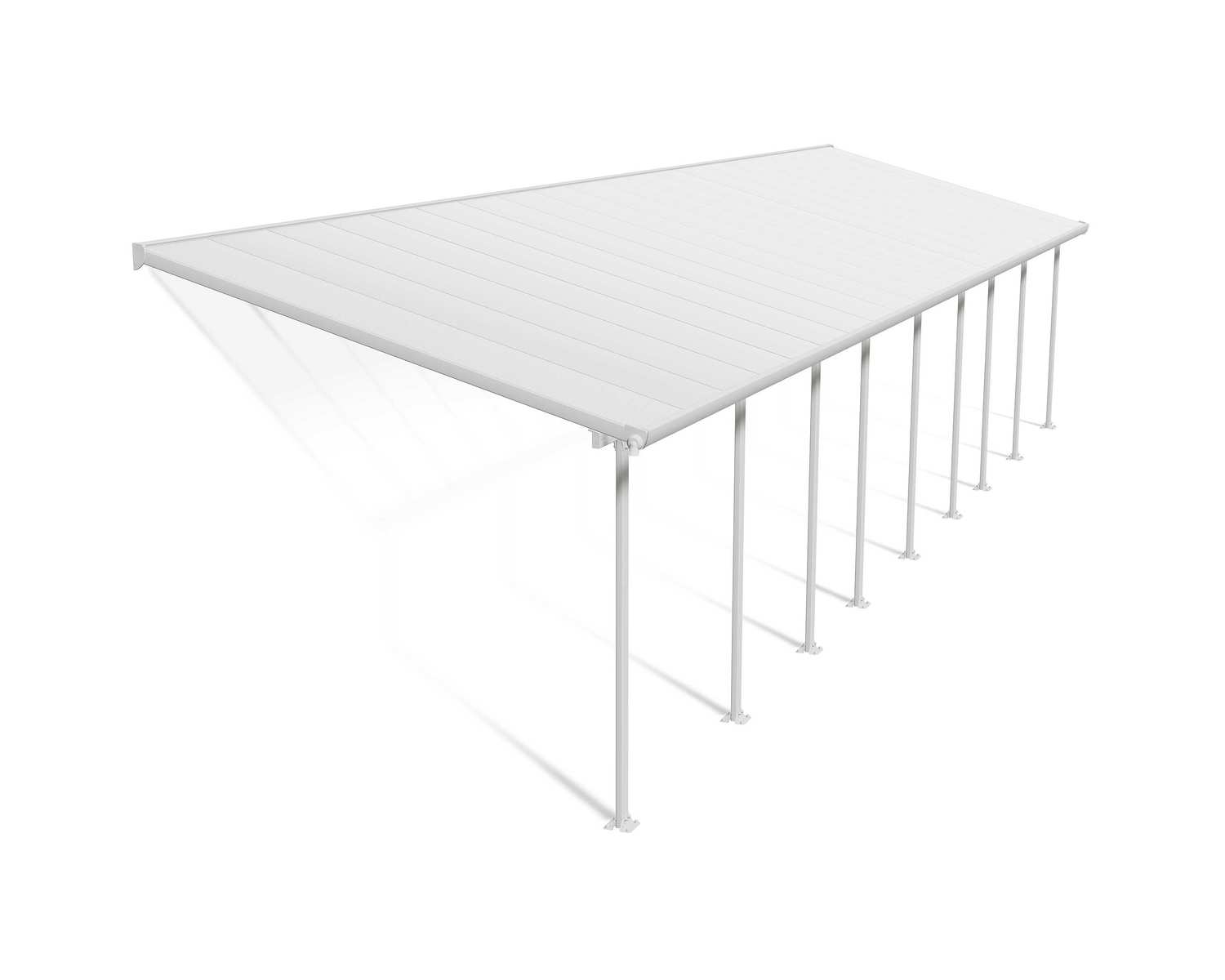Feria 10 ft. x 42 ft. White Aluminium Patio Cover With 9 Posts, White Twin-Wall Polycarbonate Roof Panels.