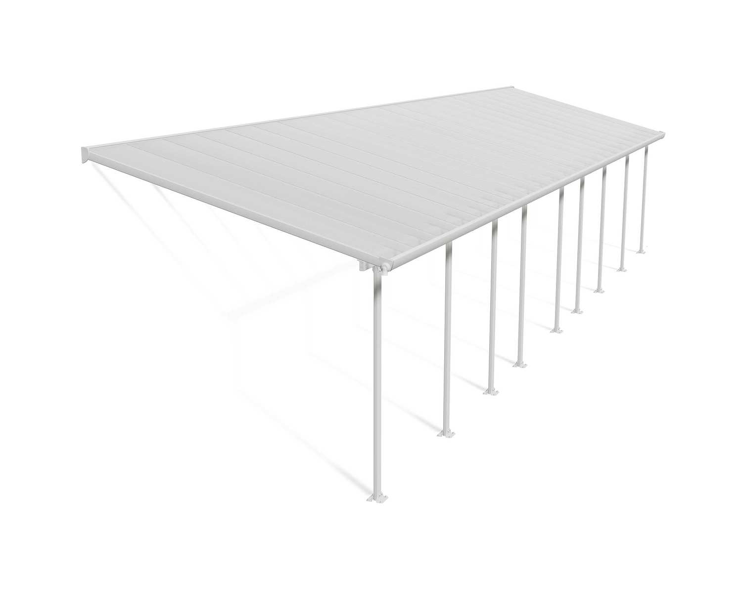 Feria 10 ft. x 44 ft. White Aluminium Patio Cover With 9 Posts, Clear Twin-Wall Polycarbonate Roof Panels.
