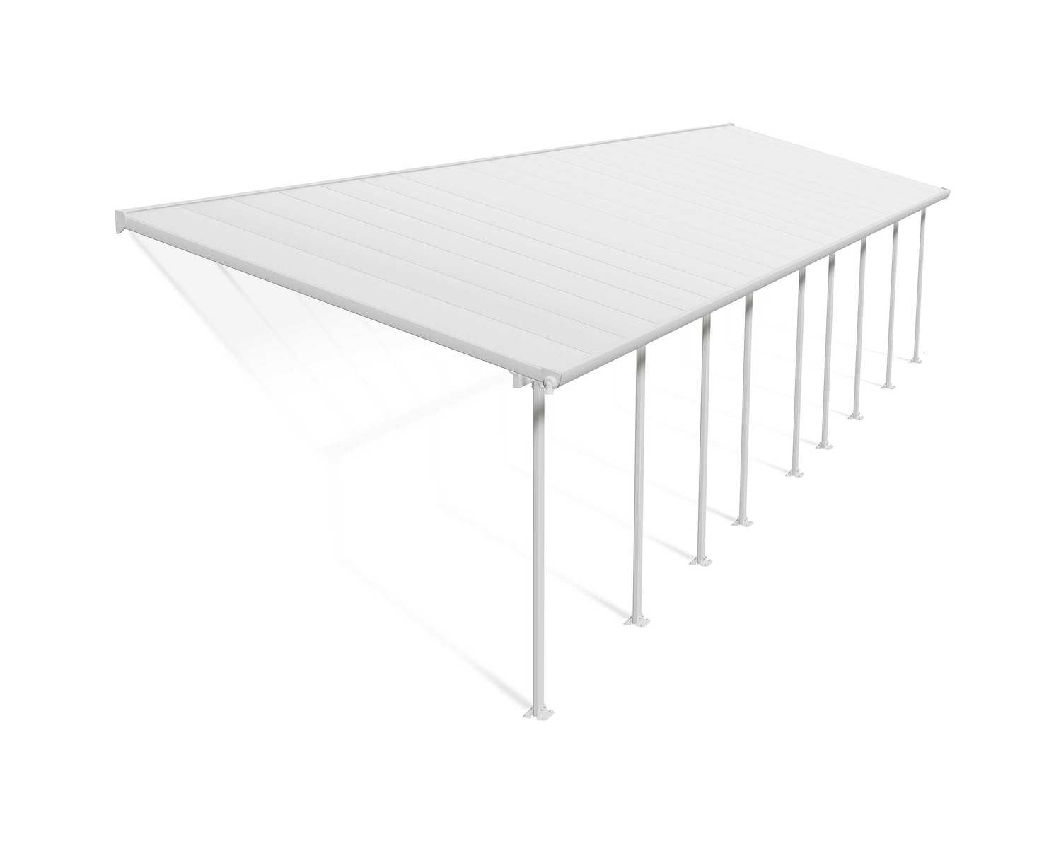 Feria 10 ft. x 44 ft. White Aluminium Patio Cover With 9 Posts, White Twin-Wall Polycarbonate Roof Panels.