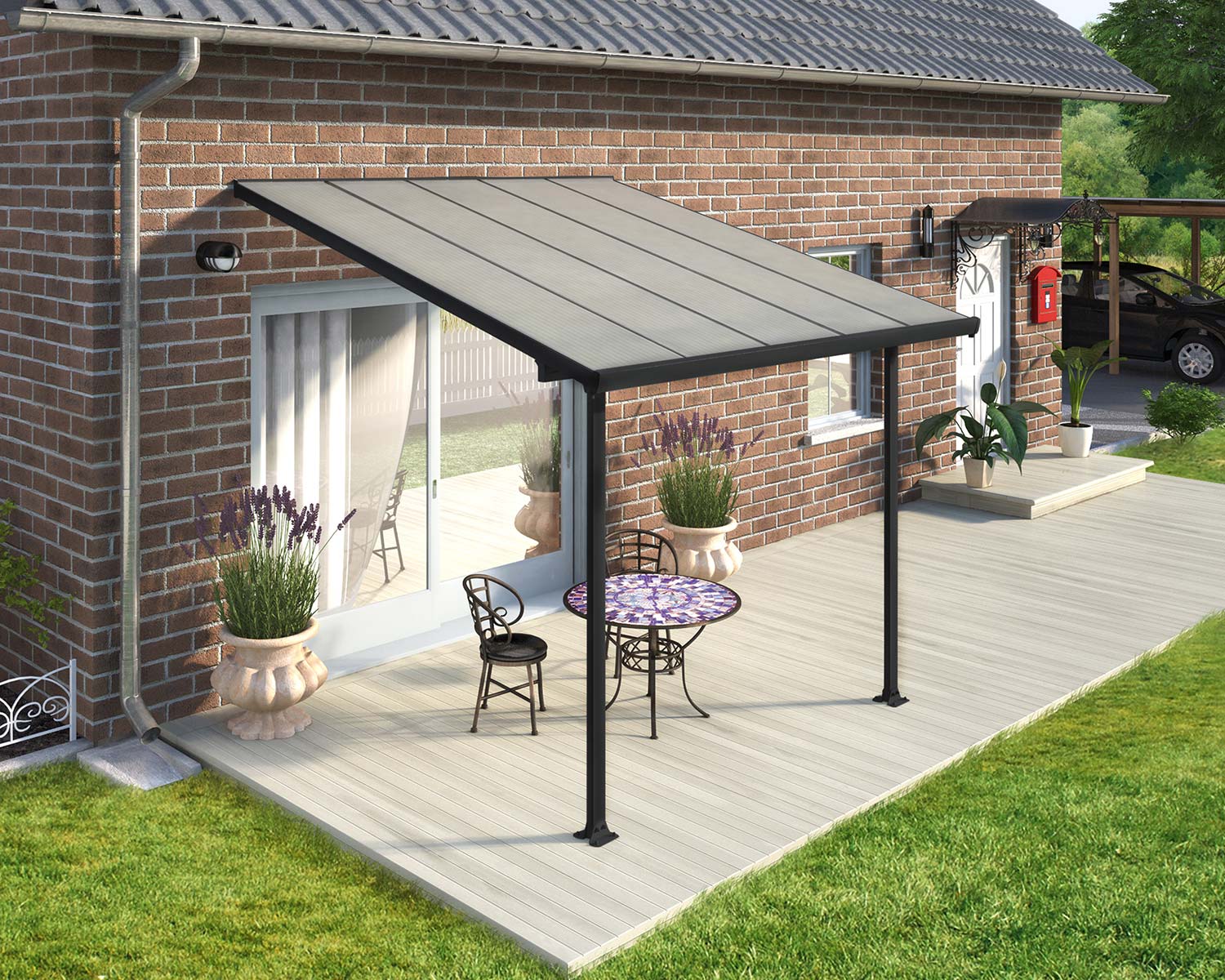 Feria 10 ft. x 10 ft. Grey Aluminium Patio Cover with 2 Posts and Clear Polycarbonate Roof Panels Attached to House that Covers Patio Outdoor Furniture