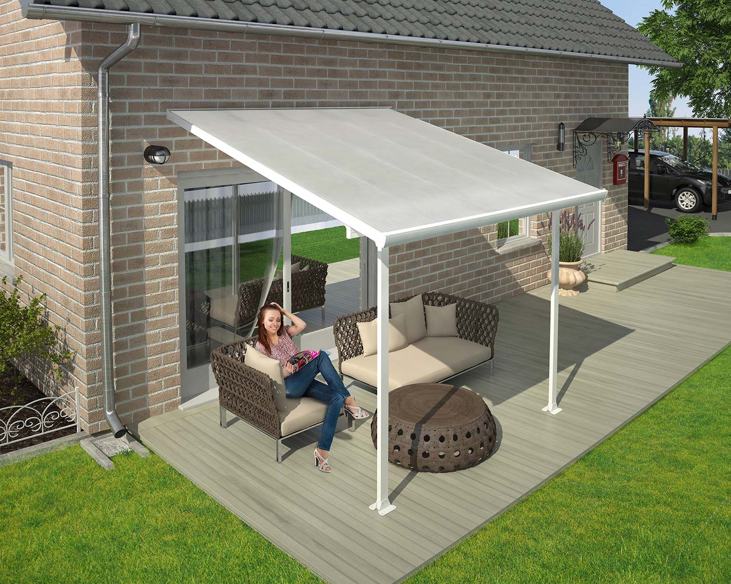 Feria 10 ft. x 10 ft. White Aluminium Patio Cover with 2 Posts and White Polycarbonate Roof Panels Attached to House that Covers Patio Outdoor Furniture