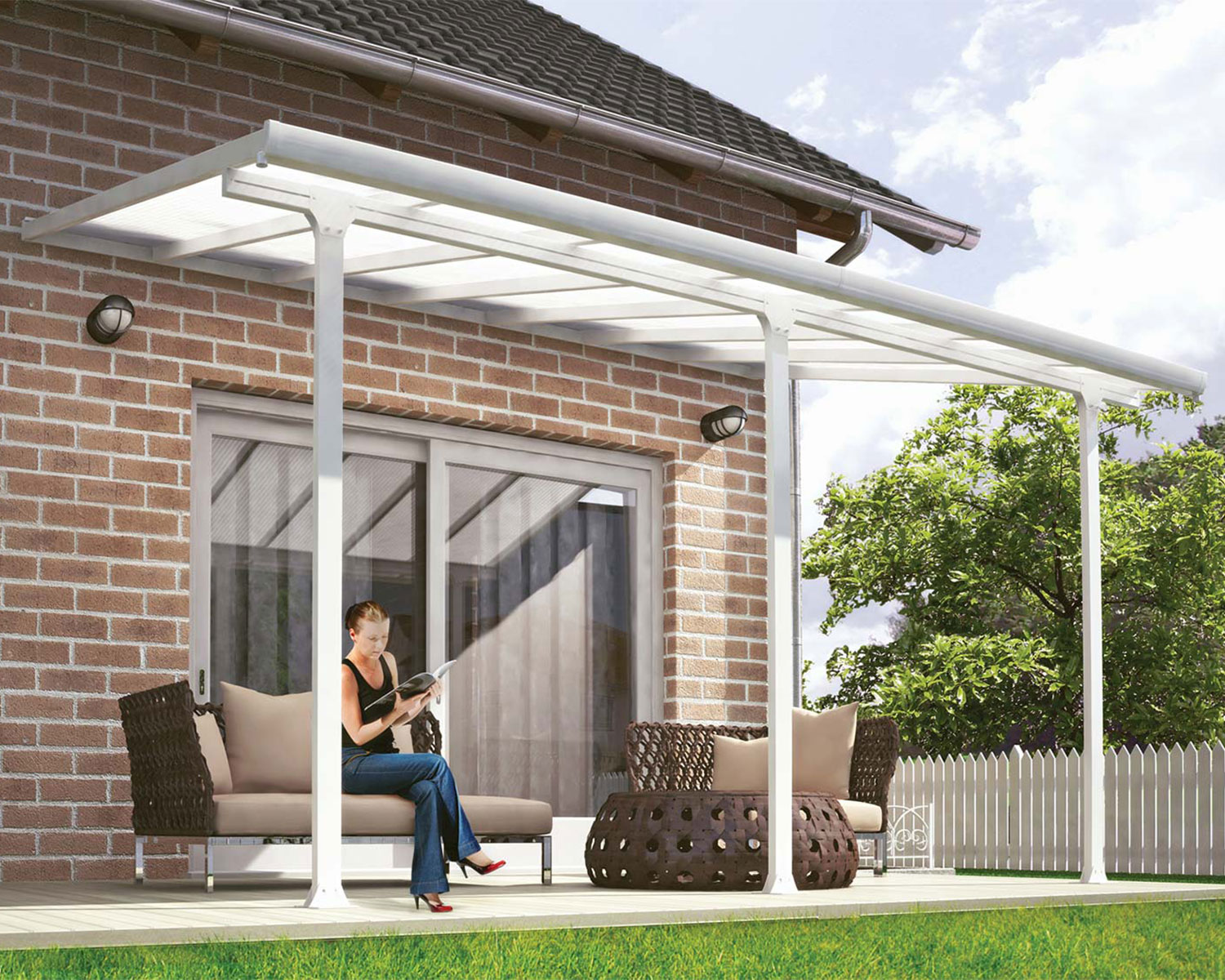 White Aluminium Patio Cover 10 ft. x 14 ft. attached to the house, polycarbonate roof panels to protect patio furniture