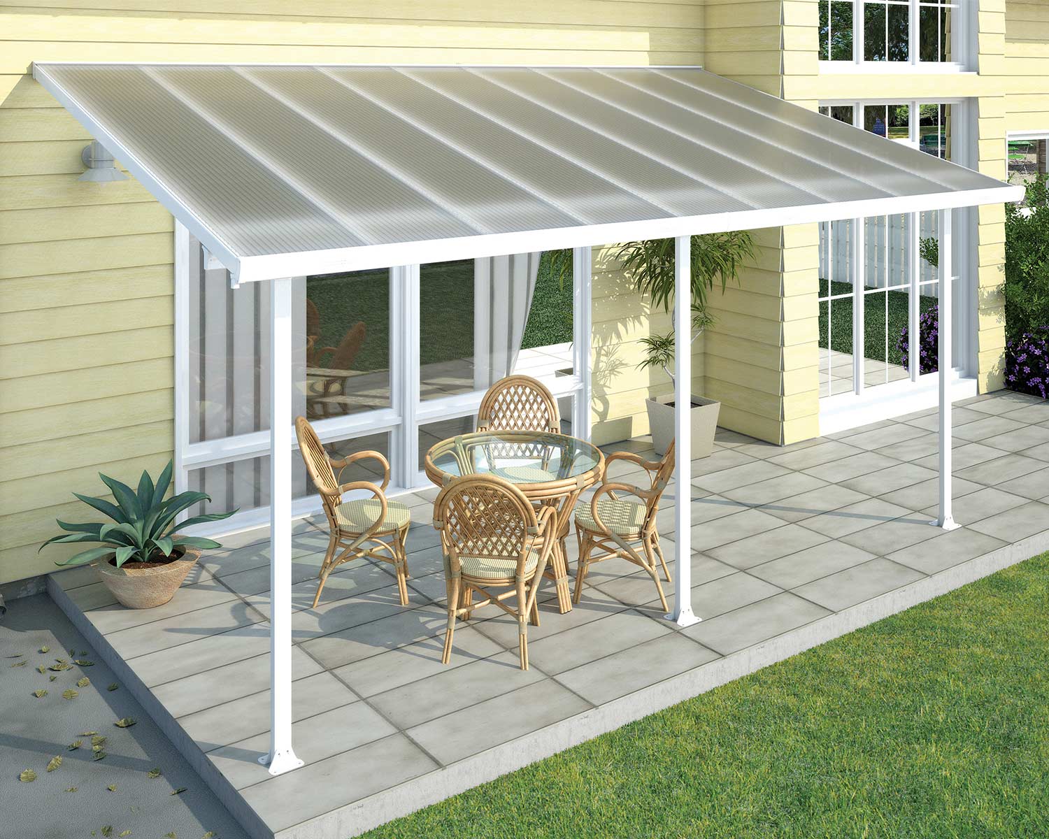 Patio Cover 10 ft. x 18 ft. Aluminium White with polycarbonate roof panels, attached to the house to protect patio furniture