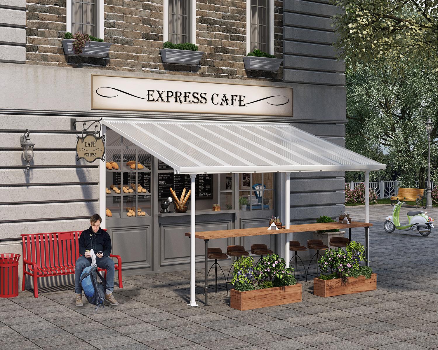 Patio Cover 10 ft. x 18 ft. with polycarbonate roof panels, attached to Coffee Shop to protect customers from the weather