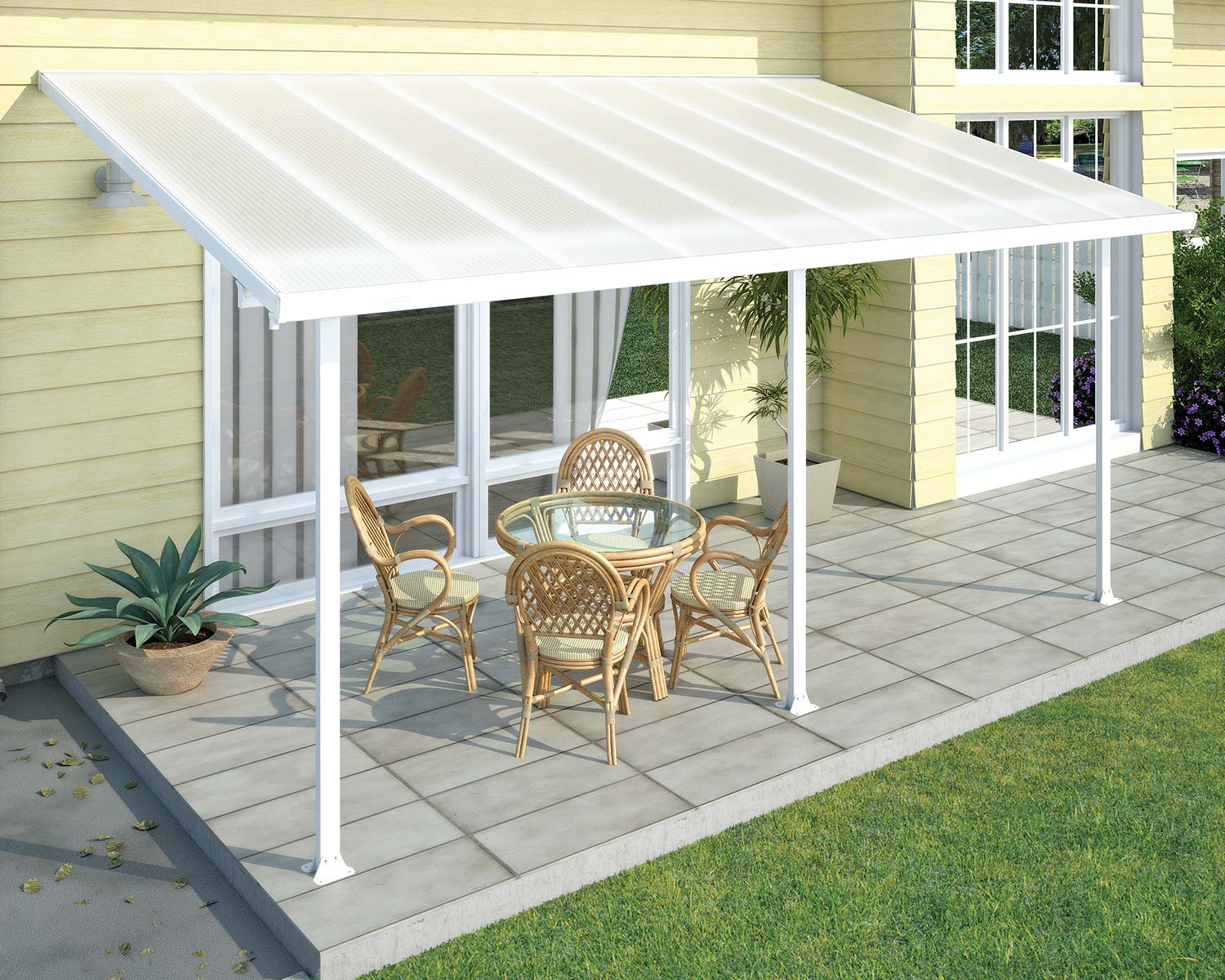 Aluminium White Patio Cover with polycarbonate roof panels, Coverd patio furniture