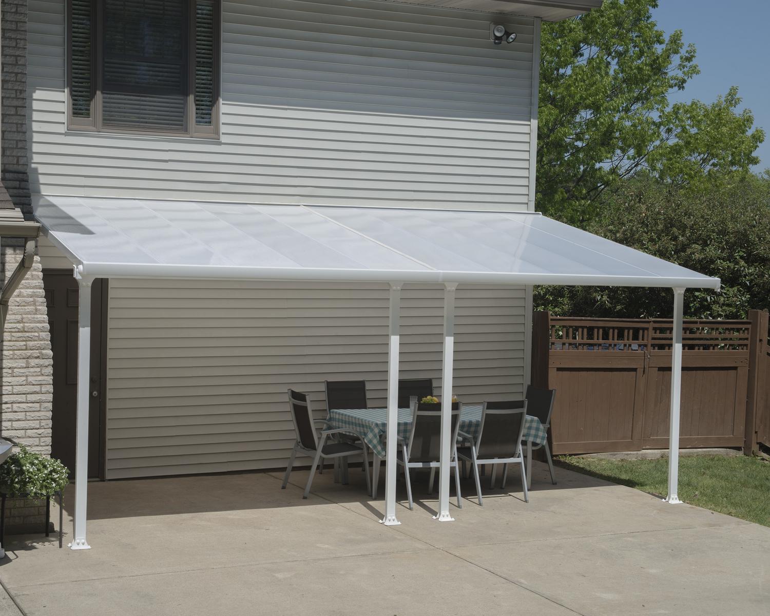 Aluminium White Patio Cover 10 ft. x 20 ft. with polycarbonate roof panels, used to cover outdoor furniture