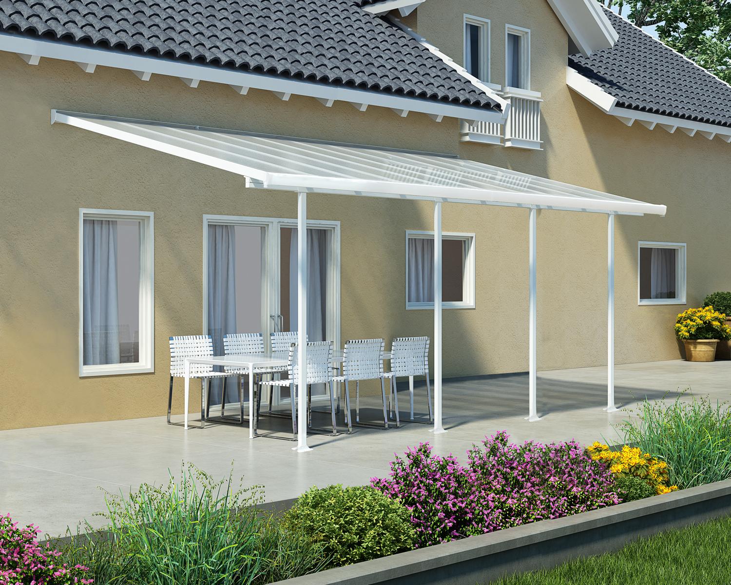 Patio Cover 10 ft. x 20 ft. Aluminium White with polycarbonate roof panels, attached to the house to protect patio furniture
