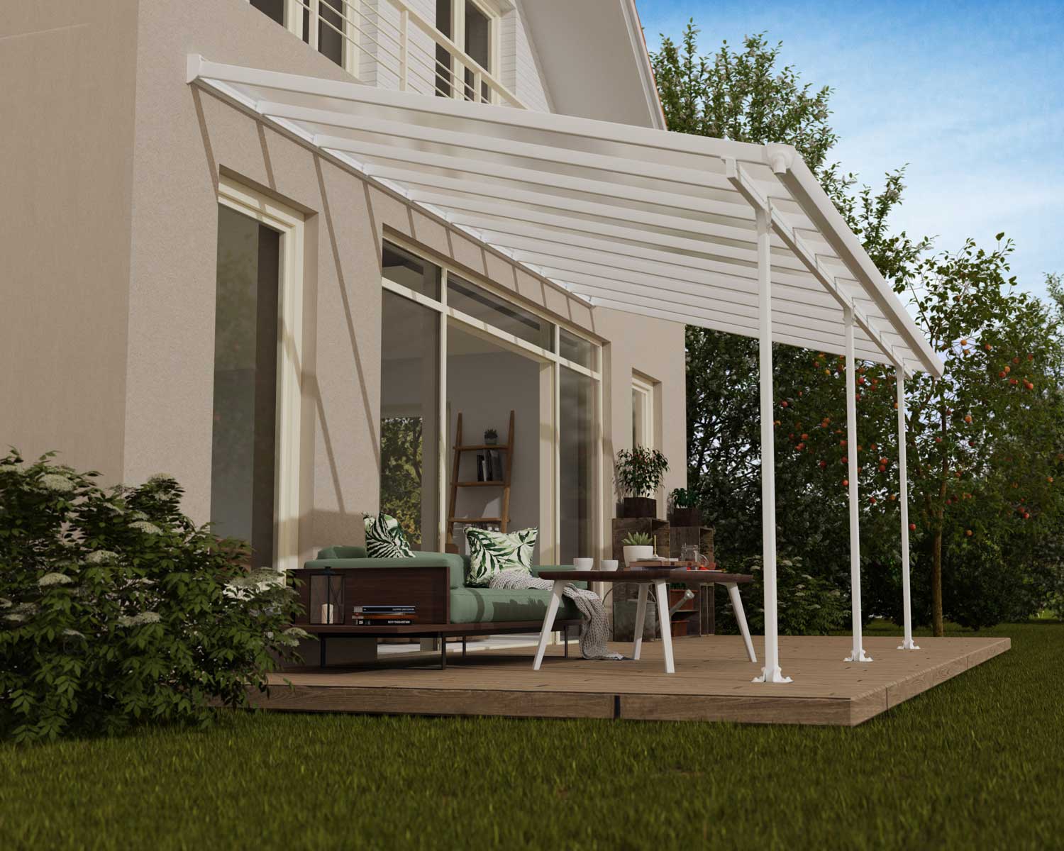 Aluminium White Patio Cover 10 ft. x 20 ft. with polycarbonate roof panels, attached to the house to protect patio furniture