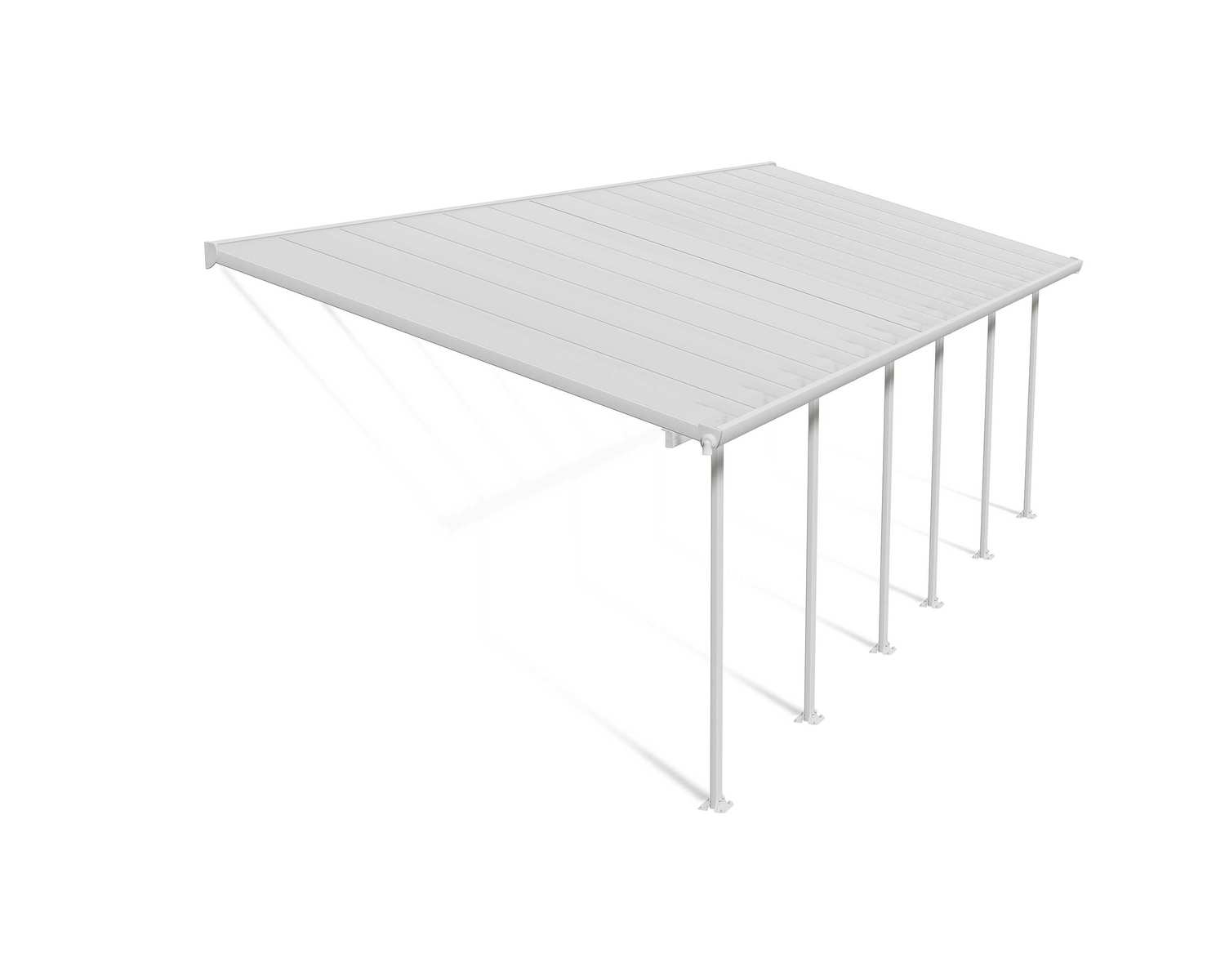 Feria 10 ft. x 28 ft. White Aluminium Patio Cover With 6 Posts, Clear Twin-Wall Polycarbonate Roof Panels.