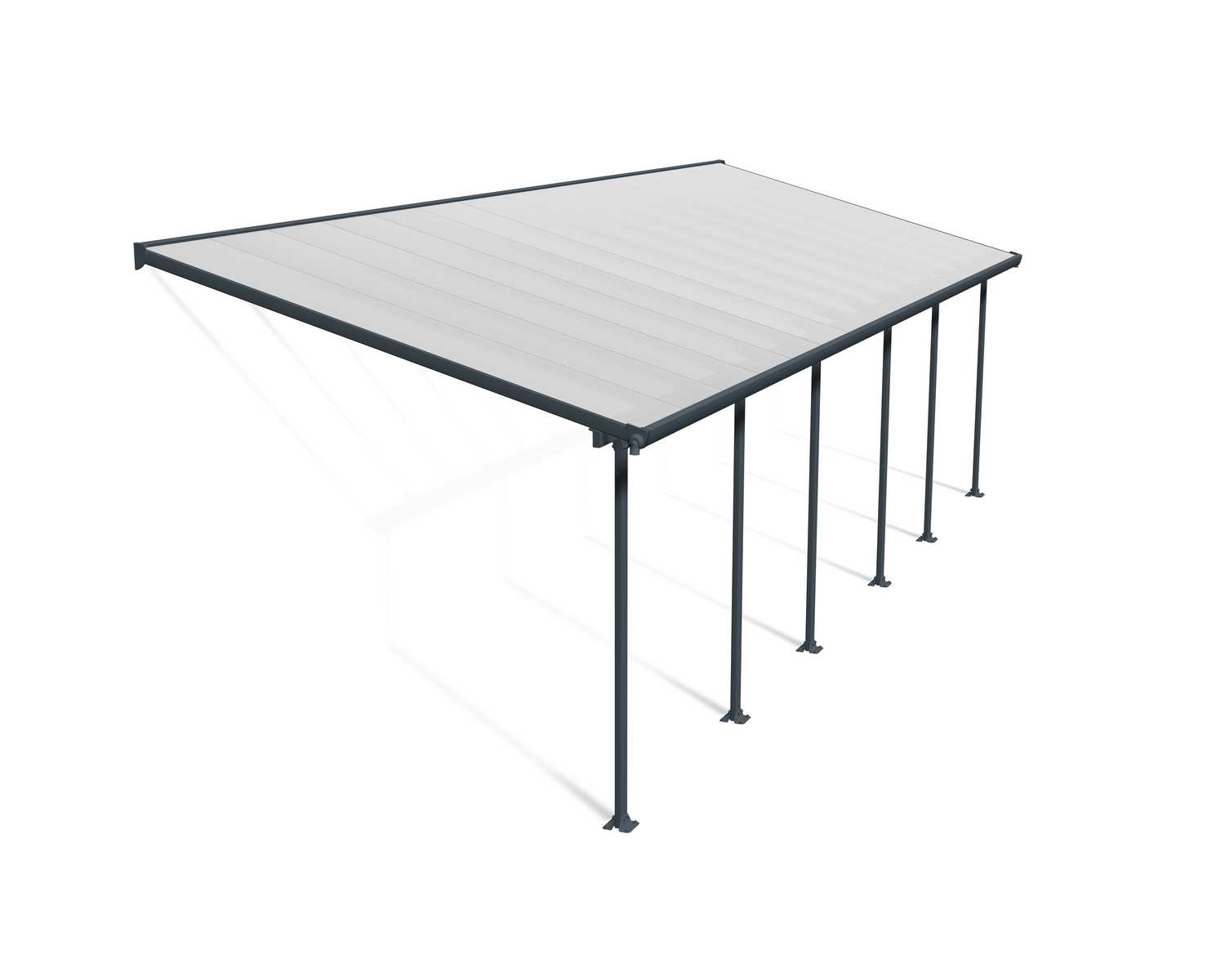 Feria 10 ft. x 30 ft. Grey Aluminium Patio Cover With 6 Posts, Clear Twin-Wall Polycarbonate Roof Panels.