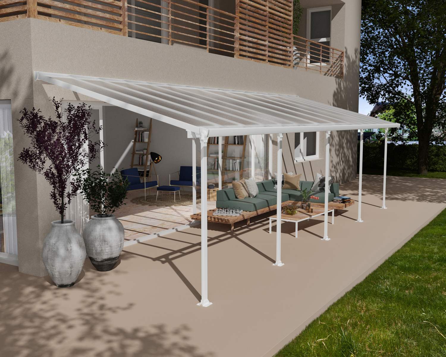Aluminium White Patio Cover 10 ft. x 32 ft. with polycarbonate roof panels, attached to the patio house to protect on garden furniture