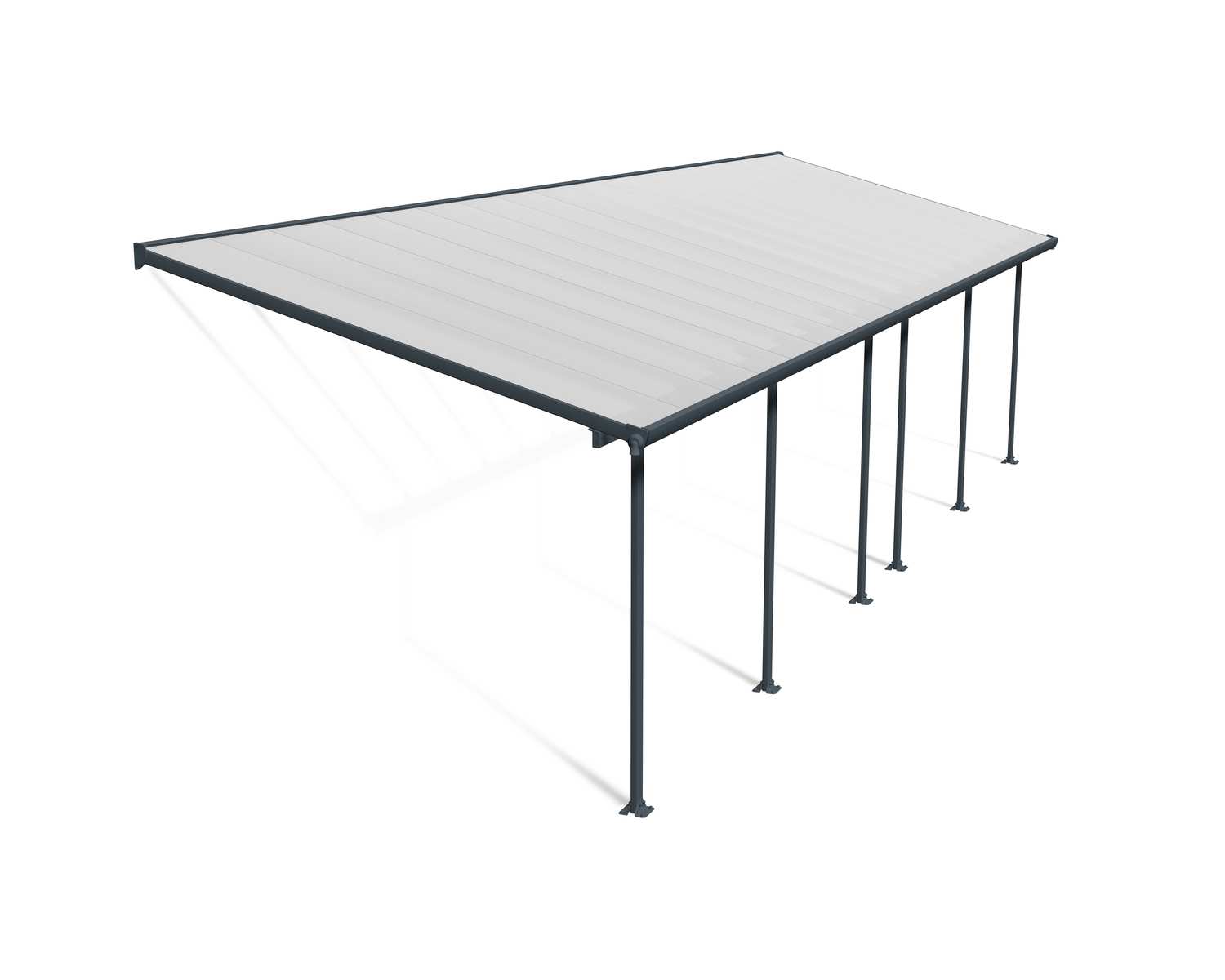 Feria 10 ft. x 32 ft. Grey Aluminium Patio Cover With 6 Posts, Clear Twin-Wall Polycarbonate Roof Panels.