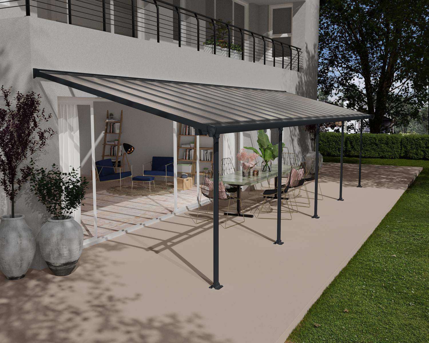 Feria 10 ft. x 30 ft. grey Aluminum Patio Cover with clear Polycarbonate roof Attached to House on Balcony Patio