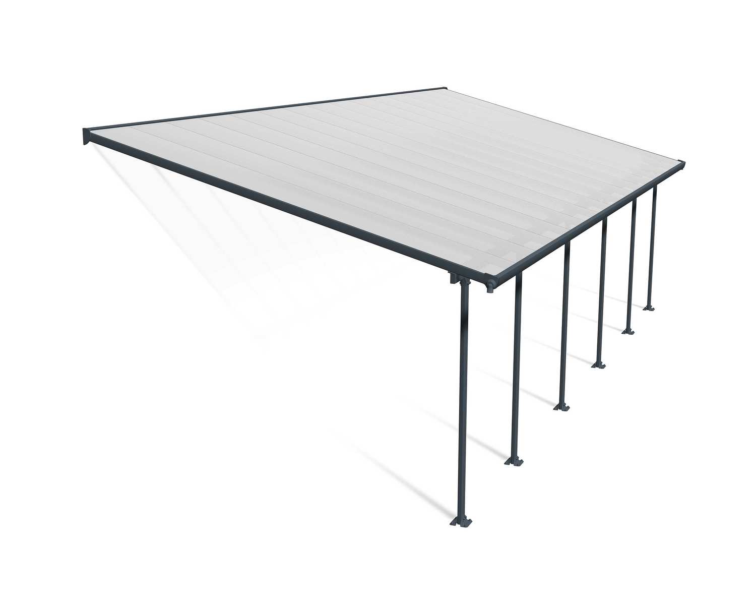 Feria 13 ft. x 34 ft. Grey Aluminium Patio Cover With 6 Posts, Clear Twin-Wall Polycarbonate Roof Panels.