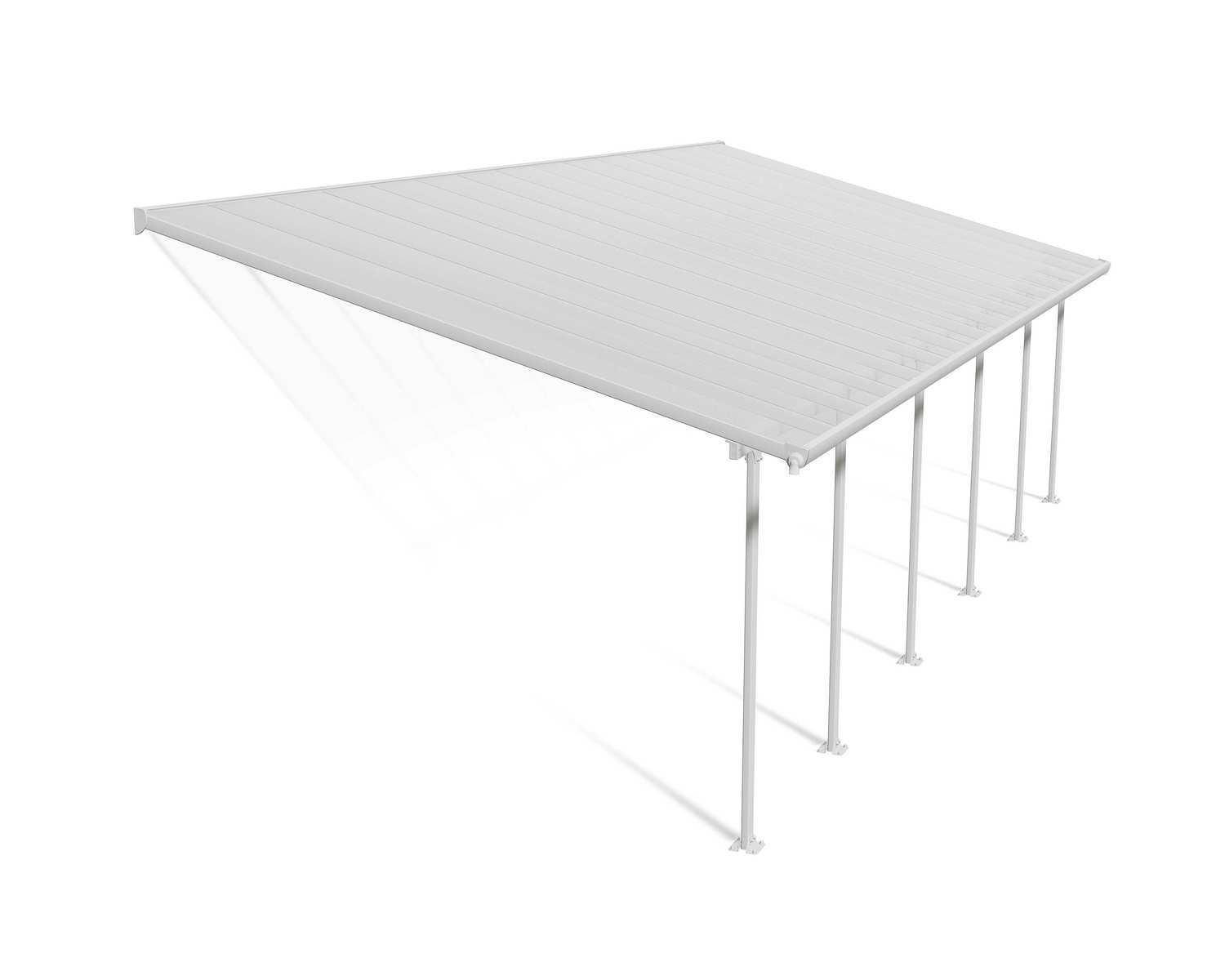 Feria 13 ft. x 34 ft. White Aluminium Patio Cover With 6 Posts, Clear Twin-Wall Polycarbonate Roof Panels.