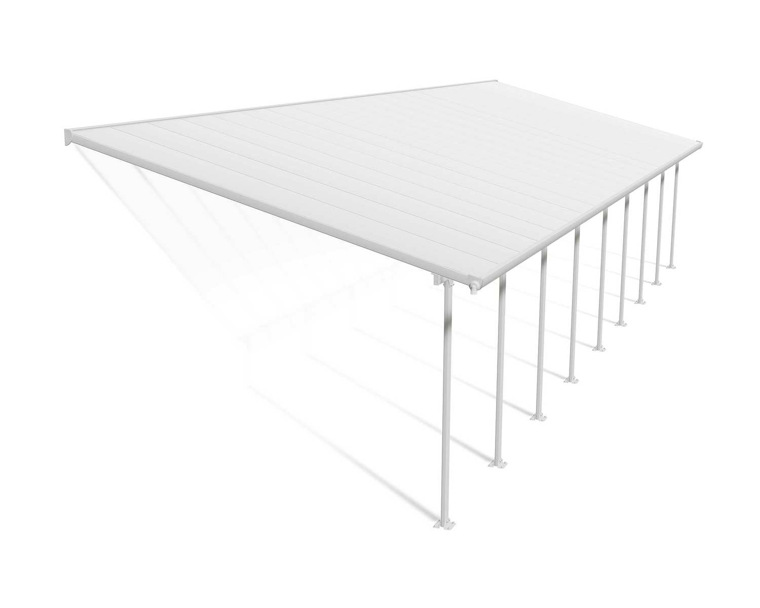 Feria 13 ft. x 42 ft. White Aluminium Patio Cover With 9 Posts, White Twin-Wall Polycarbonate Roof Panels.