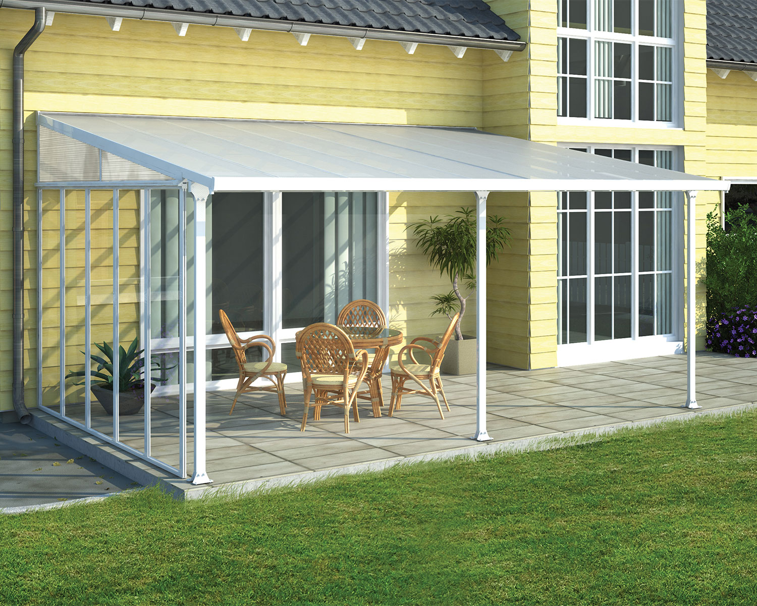 Patio Cover with Polycarbonate Sides, White Aluminium
