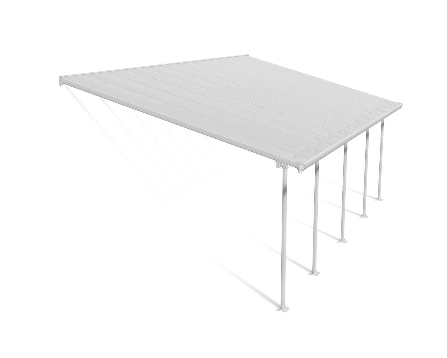 Feria 13 ft. x 26 ft. White Aluminium Patio Cover With 5 Posts, Clear Twin-Wall Polycarbonate Roof Panels.