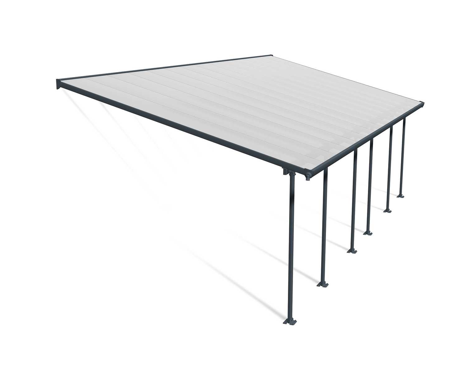 Feria 13 ft. x 28 ft. Grey Aluminium Patio Cover With 6 Posts, Clear Twin-Wall Polycarbonate Roof Panels.