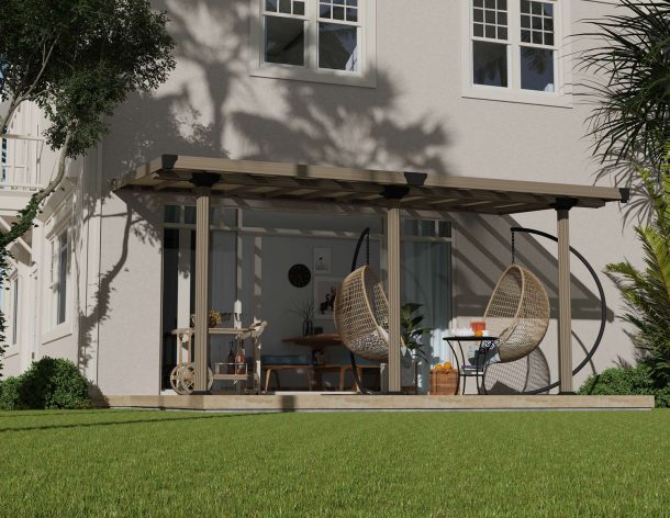 Gala 10 ft. x 18 ft. Taupe Aluminium Patio Cover with 3 Posts Attached to House that Covers Patio Outdoor Furniture.