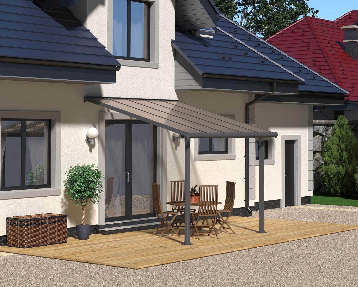 Olympia 10 ft. x 10 ft. Grey Aluminium Patio Cover With Bronze-tinted twin-wall polycarbonate roof panels on Deck Patio protect garden furniture