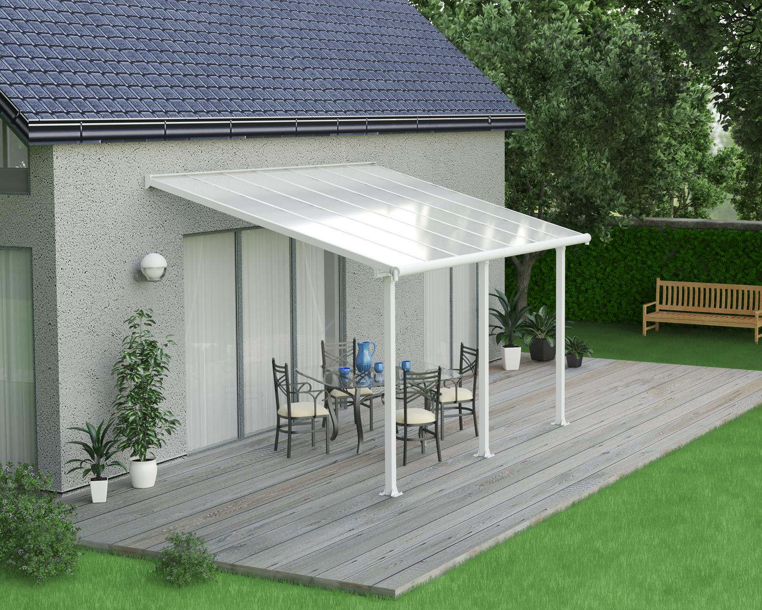 Olympia 10 ft. x 14 ft. White Aluminium Patio Cover with Clear twin-wall polycarbonate roof panels on Deck Patio protect garden furniture