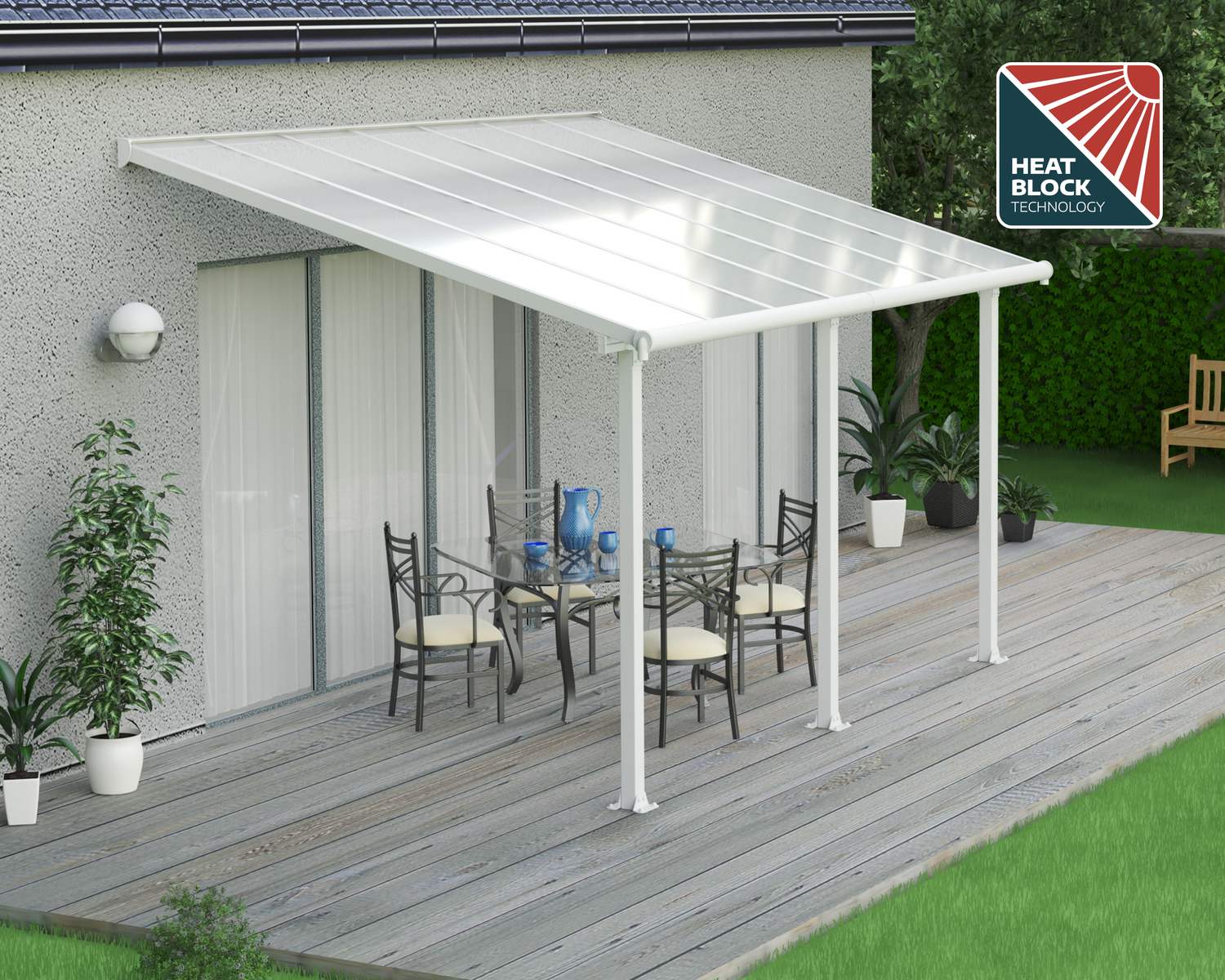 Olympia 10 ft. x 14 ft. White Aluminium Patio Cover with Clear twin-wall polycarbonate roof panels on Deck Patio protect garden furniture