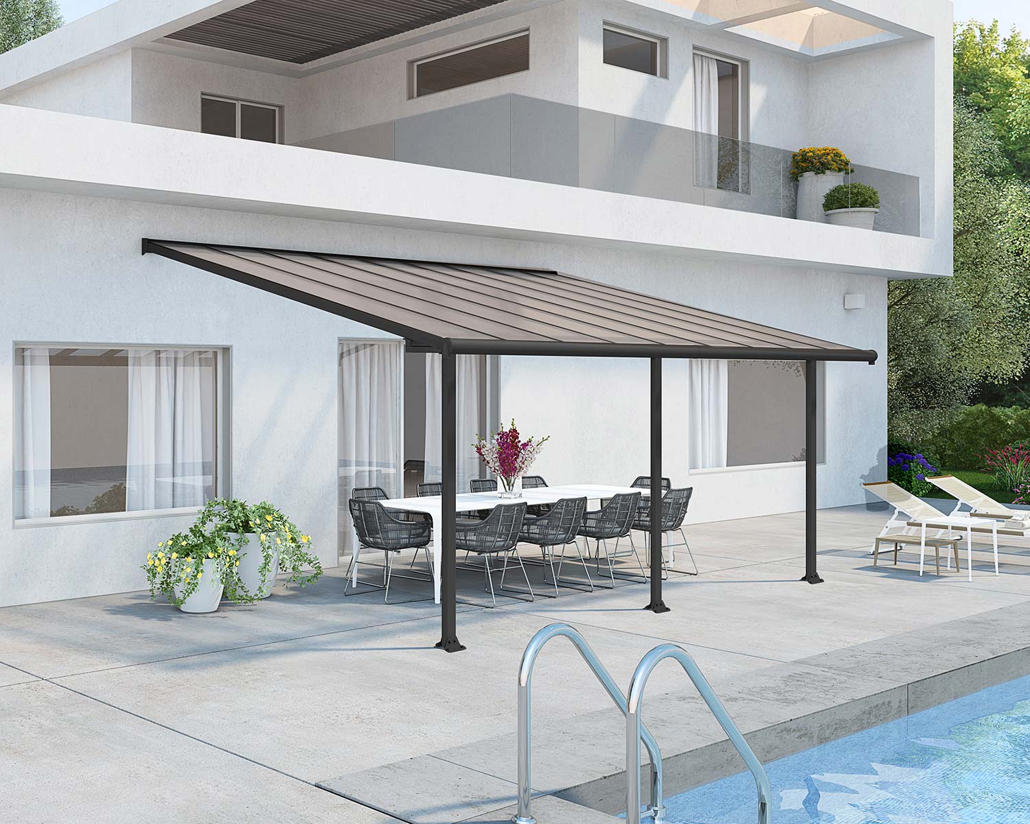 Olympia 10 ft. x 18 ft. Grey Aluminium Patio Cover With Bronze-tinted twin-wall polycarbonate roof panels on Beside Pool Patio protect garden furniture