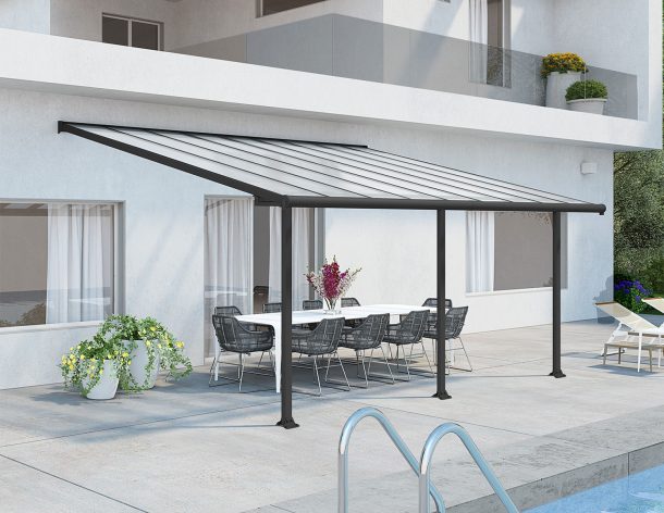 Grey Aluminium Patio Cover With Clear twin-wall polycarbonate roof panels on Beside Pool Patio protect garden furniture