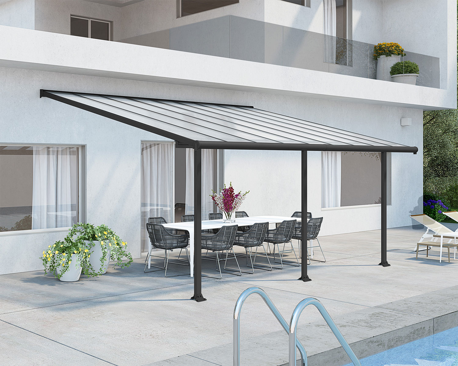Olympia 10 ft. x 18 ft. Grey Aluminium Patio Cover With Clear twin-wall polycarbonate roof panels on Beside Pool Patio protect garden furniture