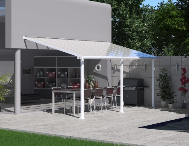 White Aluminium Patio Cover with Clear twin-wall polycarbonate roof panels protect garden furniture