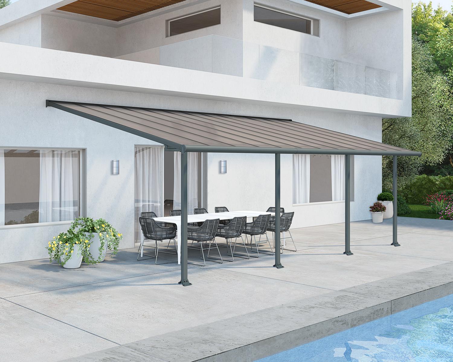 Olympia 10 ft. x 24 ft. Grey Aluminium Patio Cover With Bronze-tinted twin-wall polycarbonate roof panels on Beside Pool Patio protect garden furniture