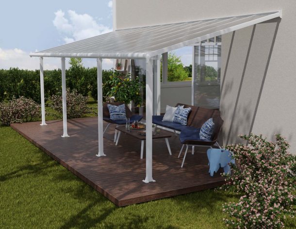 White Aluminium Patio Cover With Clear twin-wall polycarbonate roof panels on Deck Patio protect garden furniture