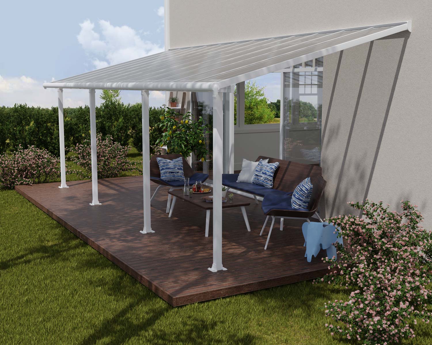 Olympia 10 ft. x 24 ft. White Aluminium Patio Cover With Clear twin-wall polycarbonate roof panels on Deck Patio protect garden furniture