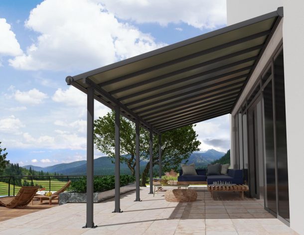 Grey Aluminium Patio Cover with Bronze-tinted twin-wall polycarbonate roof panels protect garden furniture