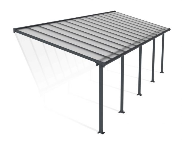 Feria 10 ft. x 28 ft. Grey Aluminium Patio Cover With 5 Posts, Clear Twin-Wall Polycarbonate Roof Panels