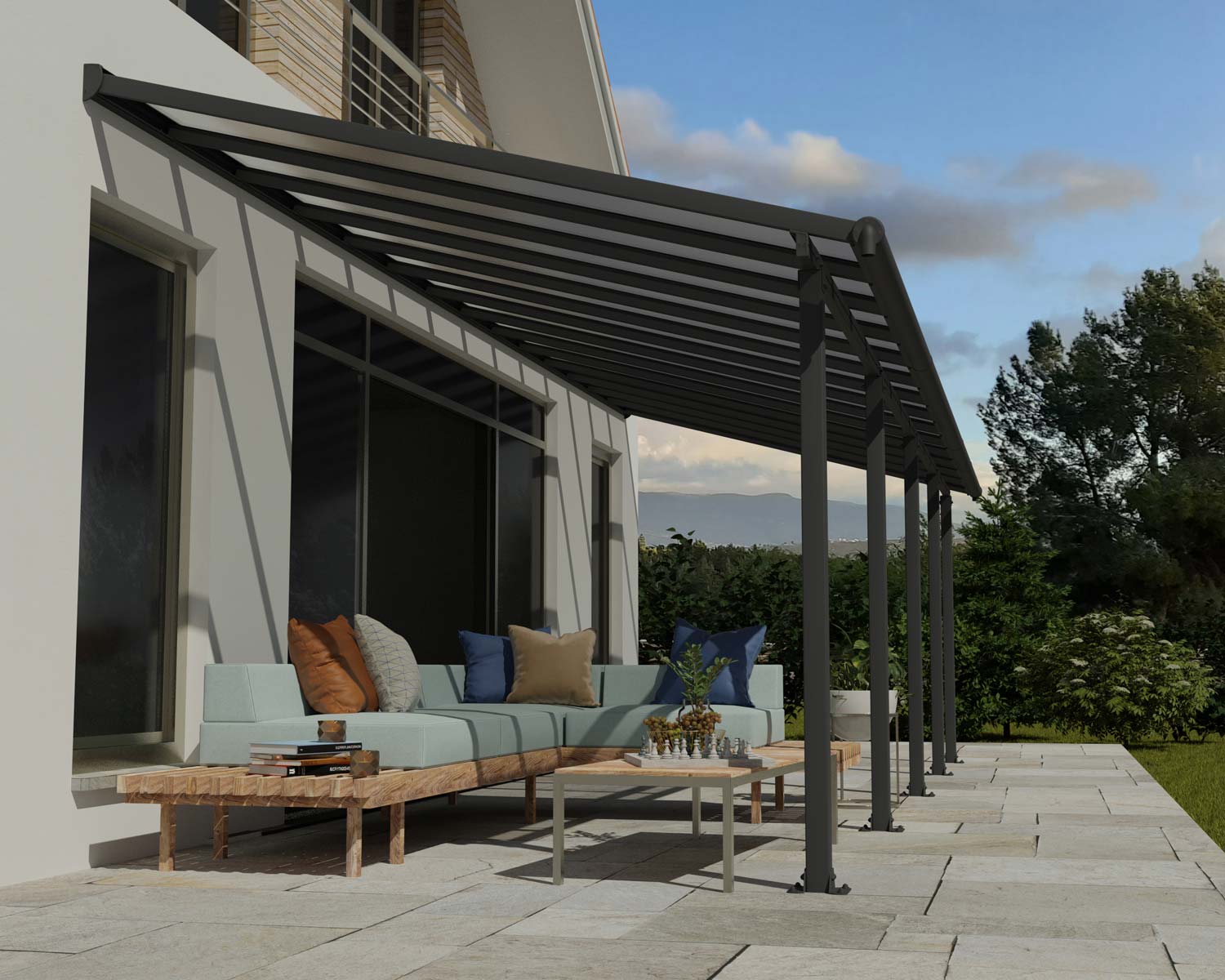 Olympia 10 ft. x 28 ft. Grey Aluminium Patio Cover with Clear twin-wall polycarbonate roof panels protect garden furniture