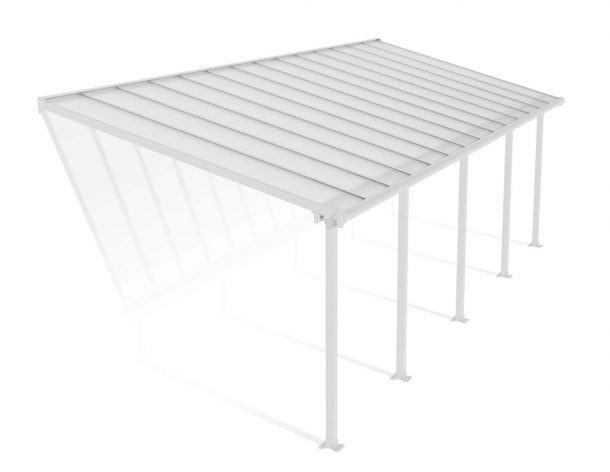 Feria 10 ft. x 28 ft. White Aluminium Patio Cover With 5 Posts, Clear Twin-Wall Polycarbonate Roof Panels.